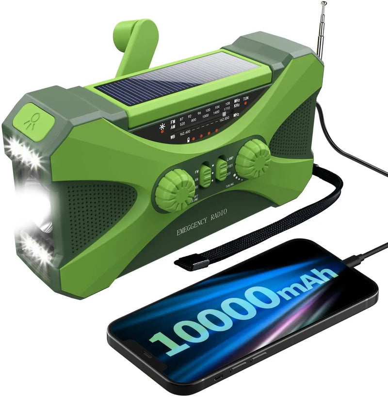 Rádio de emergência de 10000mAh, rádio solar com manivela, rádio portátil AM/FM/NOAA com previsão do tempo, carregador de celular e lanterna LED.