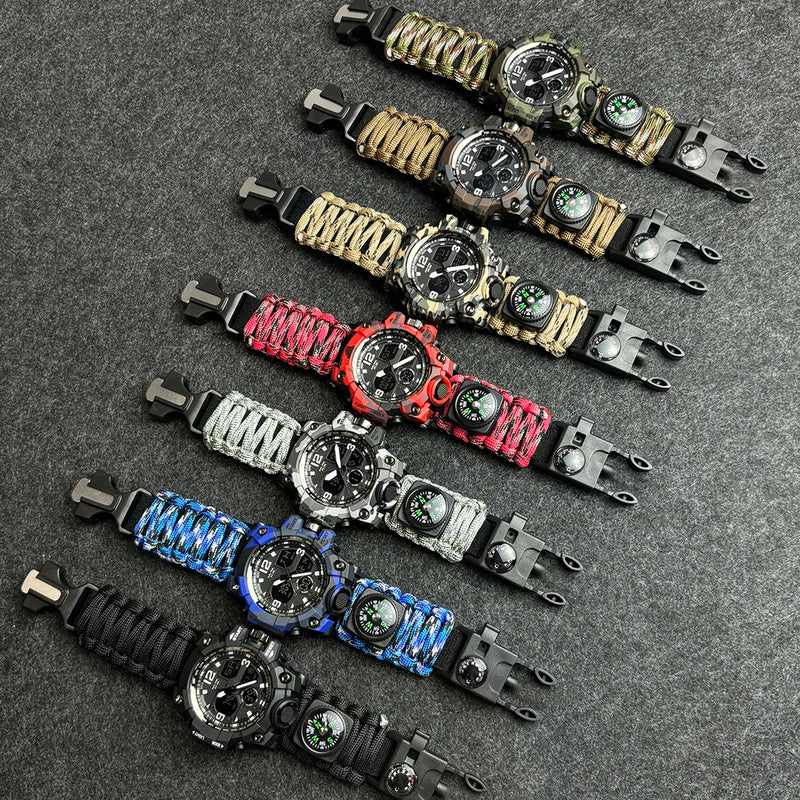 Relógio Militar de Sobrevivência ao Ar Livre Masculino Verde LED Digital Multifuncional à Prova d'Água com Duplo Visor