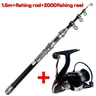 Conjunto de Vara e Carretel de Pesca Superresistente 1,5-2,4m com Vara Telescópica e Carretel Giratório Séries 2000 e 3000 para Pesca Marítima