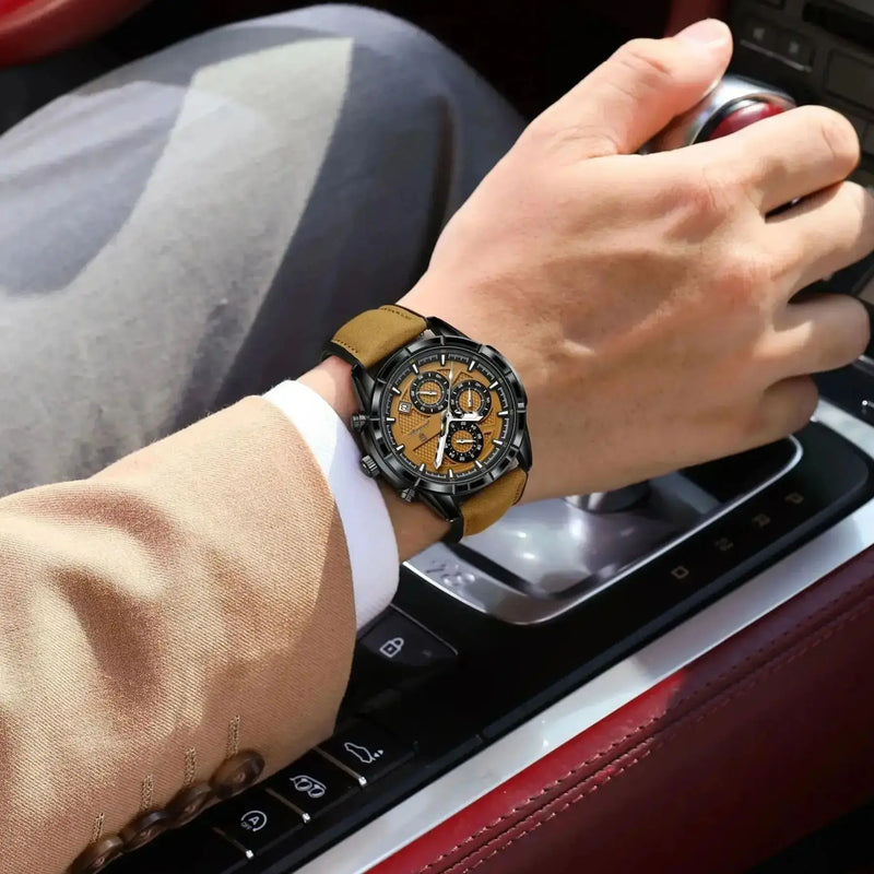 Relógio de pulso masculino de luxo POEDAGAR, quartzo, pulseira de couro original, cronógrafo, data, à prova d'água, luminoso, + caixa.