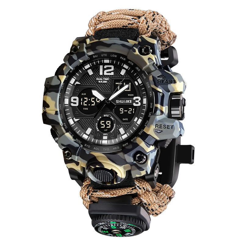 Relógio Militar de Sobrevivência ao Ar Livre Masculino Verde LED Digital Multifuncional à Prova d'Água com Duplo Visor