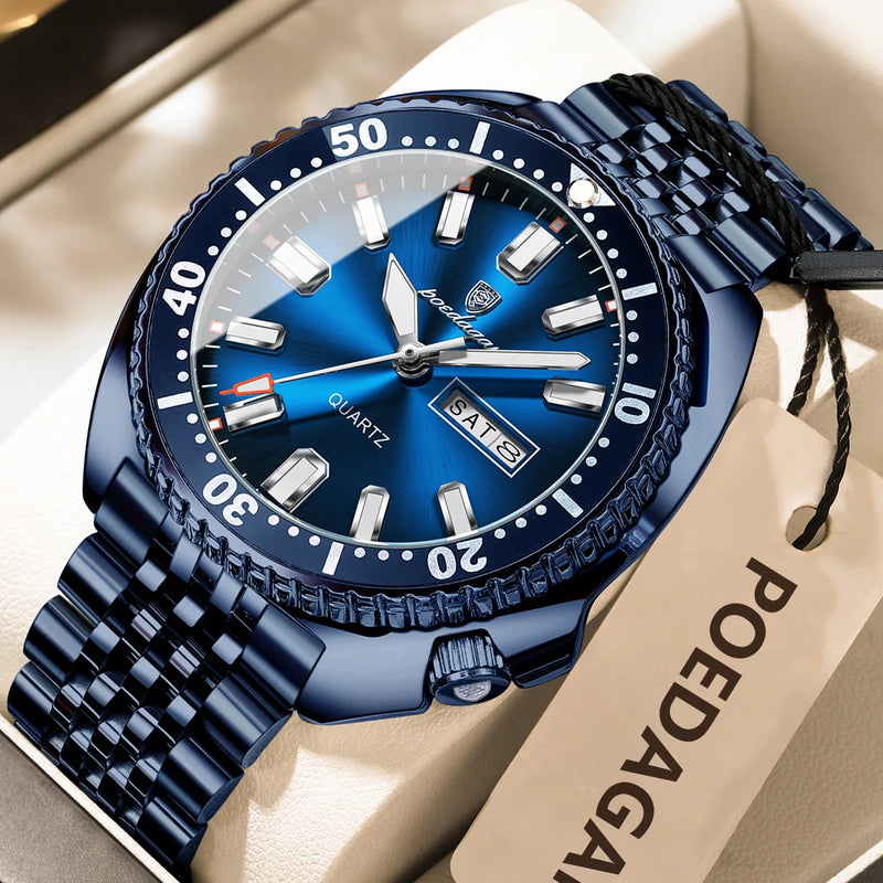 Relógio masculino POEDAGAR Business Men com data, dia da semana, à prova d'água, luminoso, luxuoso, de aço inoxidável, com mecanismo de quartzo.
