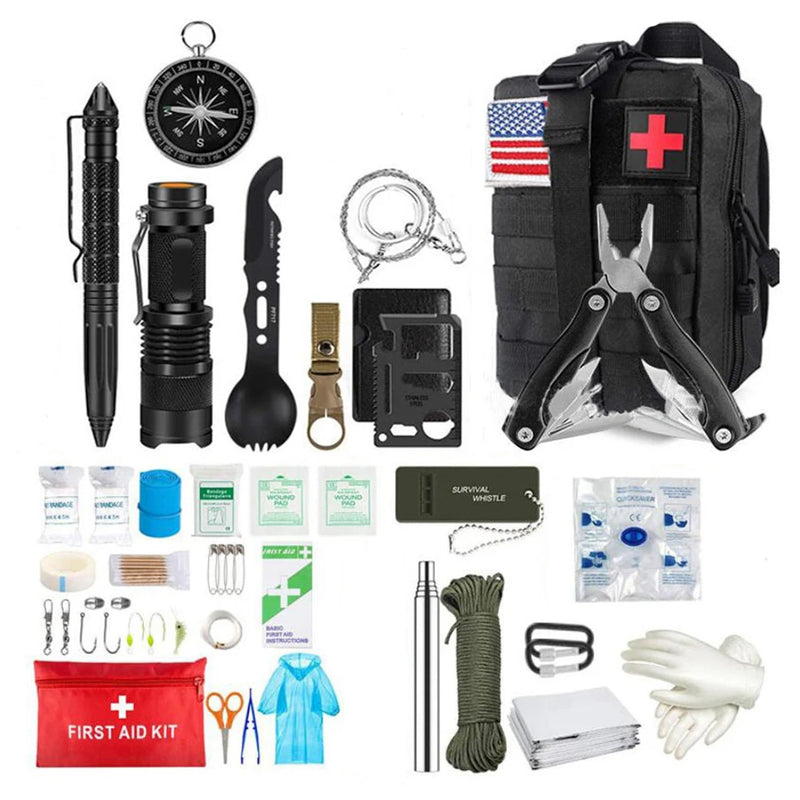 Kit de primeiros socorros de sobrevivência, conjunto completo de sobrevivência com sistema Molle, equipamento para atividades ao ar livre, kit de emergência, bolsa para traumas, kit de primeiros socorros individual para camping, trilhas e aventuras.