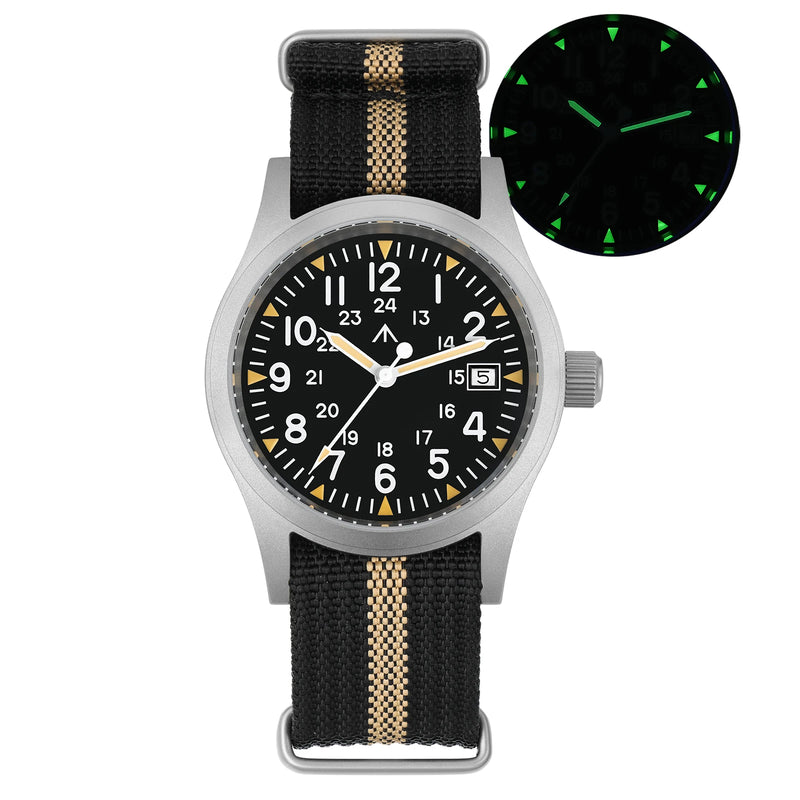 Relógio militar Militado ML05 com movimento de quartzo Ronda 515, cristal de safira abaulado com revestimento antirreflexo de alta transparência e luminescência, 38 mm, estilo vintage.