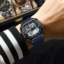 Relógio masculino esportivo POEDAGAR LED com visor digital de duplo fuso horário, data e dia da semana, formato quadrado, pulseira de silicone e mecanismo de quartzo.