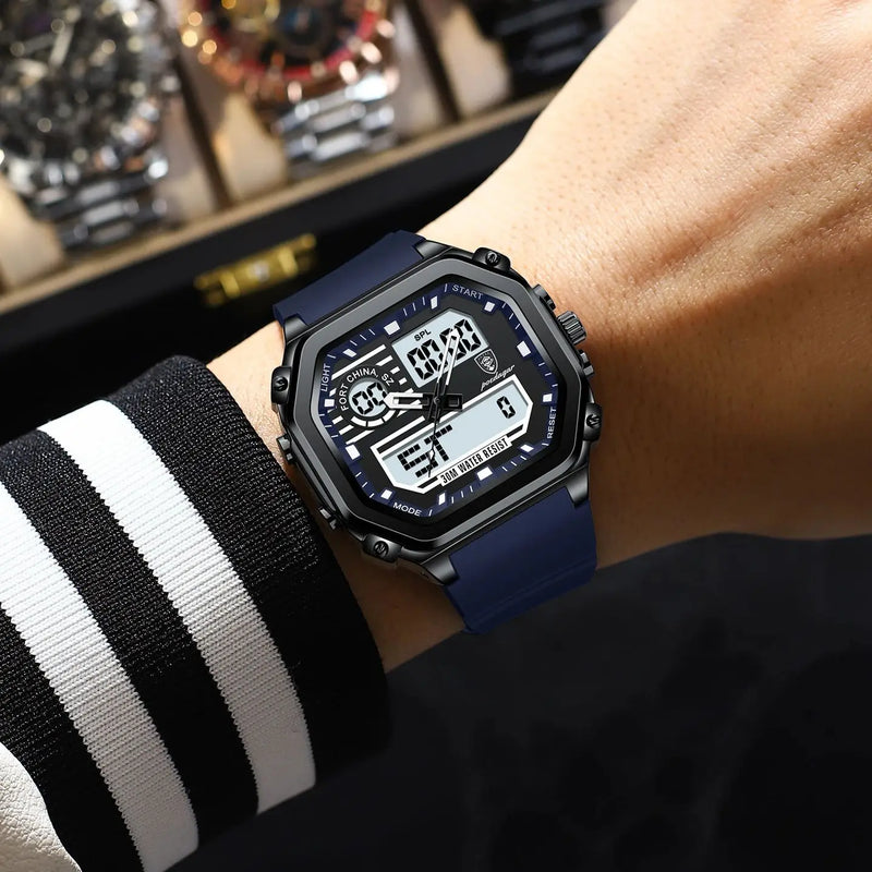 Relógio masculino esportivo POEDAGAR LED com visor digital de duplo fuso horário, data e dia da semana, formato quadrado, pulseira de silicone e mecanismo de quartzo.