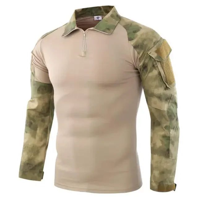 Camiseta tática masculina para atividades ao ar livre, caminhadas, combate militar, camuflagem CP, manga longa, caça, escalada, algodão, roupas esportivas.