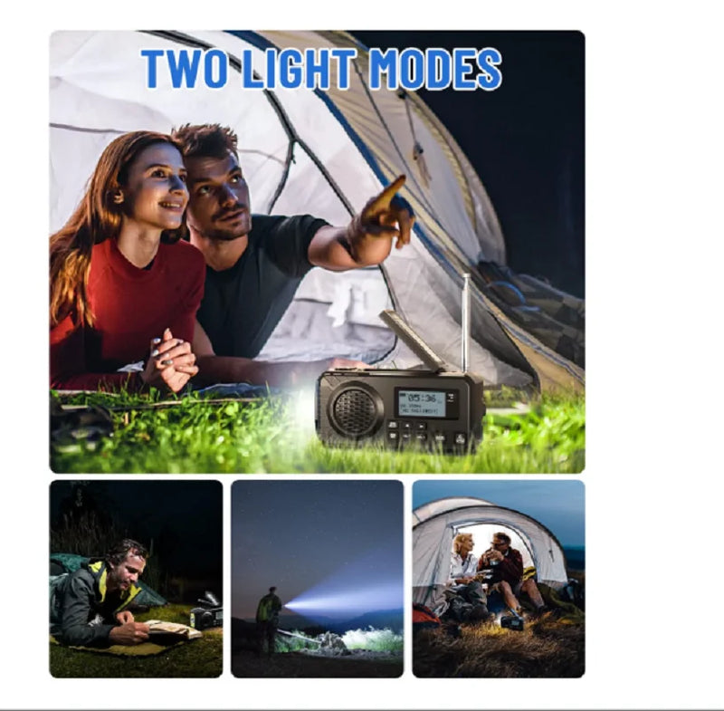 Rádio de emergência DAB376BT com manivela, DAB+FM, Bluetooth, bateria de 5000 mAh, energia solar e despertador. Ideal para situações de emergência como queda de energia.