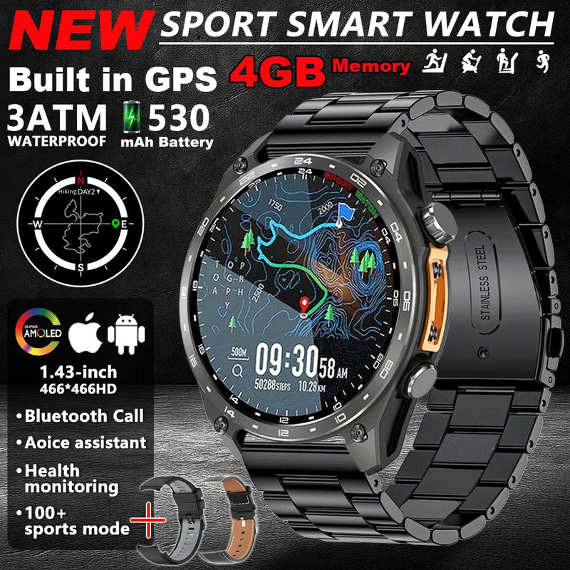 Novo Smartwatch GPS 2025 com mapas offline, memória de 4GB, reprodutor de vídeo, relógio inteligente esportivo militar masculino, resistente à água até 30m para natação, tela AMOLED.