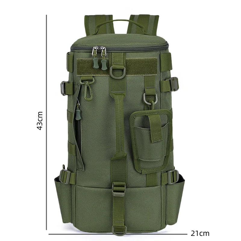 Mochila multifuncional para equipamentos de pesca, impermeável, com suportes para varas, design durável para camping, trilhas e viagens.