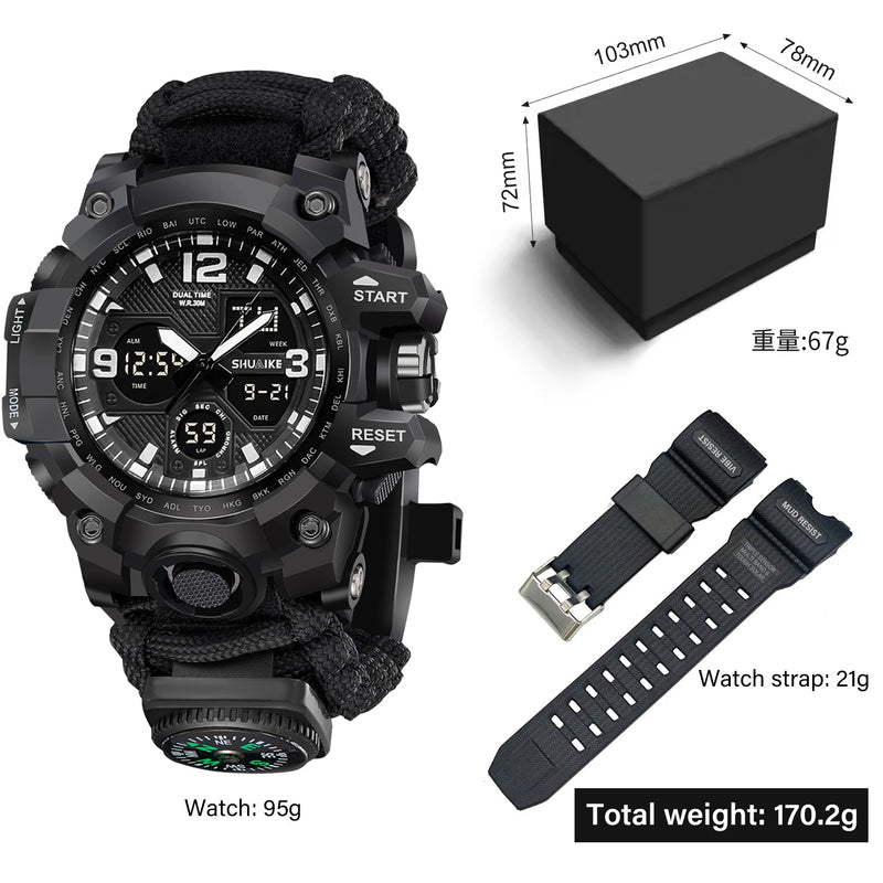Relógio de pulso masculino multifuncional para atividades ao ar livre, com bússola, à prova d'água, movimento de quartzo LED e tecnologia digital.