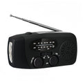 Rádio de emergência multifuncional com energia solar, manivela, USB, lanterna LED e recepção FM, AM e WB.