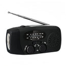 Rádio de emergência multifuncional com energia solar, manivela, USB, lanterna LED e recepção FM, AM e WB.