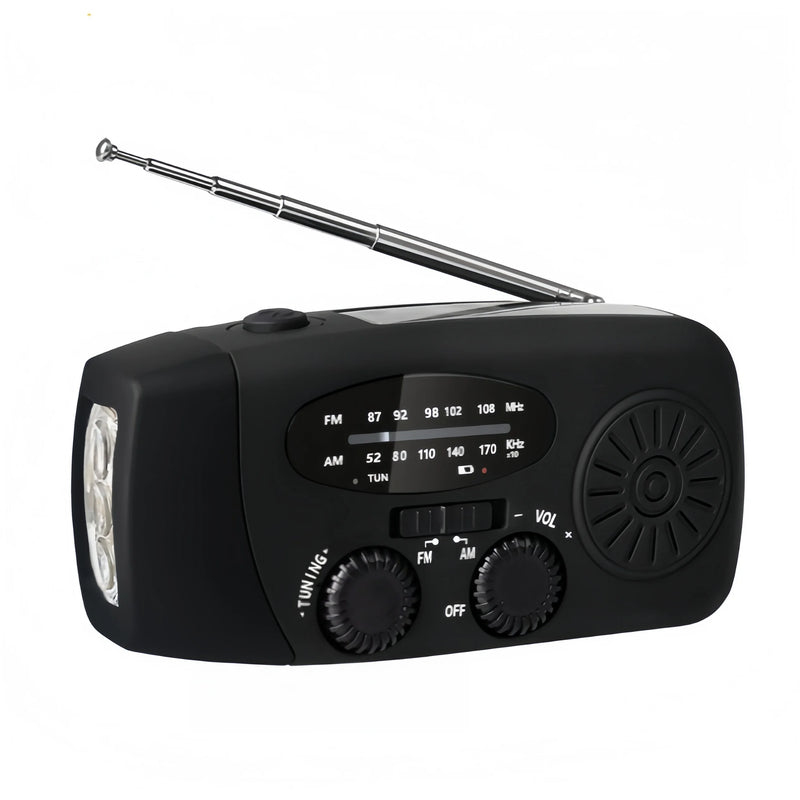 Rádio de emergência multifuncional com energia solar, manivela, USB, lanterna LED e recepção FM, AM e WB.