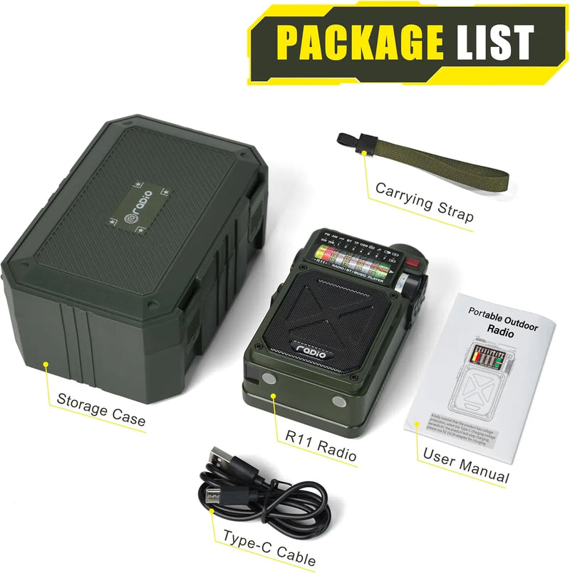 Rádio FM de emergência com manivela, Bluetooth, lanterna e alarme SOS, alimentado por USB, reprodução via cartão TF, ideal para camping.