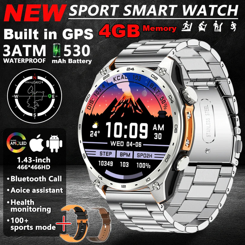 Novo Smartwatch GPS 2025 com mapas offline, memória de 4GB, reprodutor de vídeo, relógio inteligente esportivo militar masculino, resistente à água até 30m para natação, tela AMOLED.