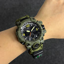 Relógio Militar de Sobrevivência ao Ar Livre Masculino Verde LED Digital Multifuncional à Prova d'Água com Duplo Visor