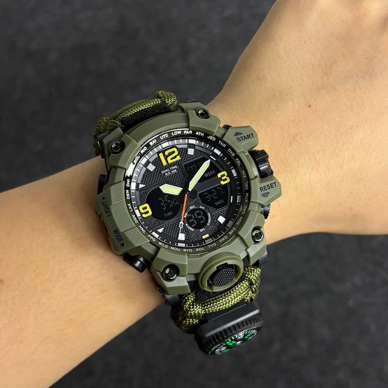 Relógio Militar de Sobrevivência ao Ar Livre Masculino Verde LED Digital Multifuncional à Prova d'Água com Duplo Visor