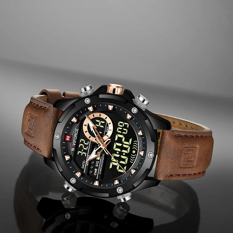 Relógio masculino NAVIFORCE, digital, esportivo, de luxo, marca renomada, com pulseira de couro militar, LED, quartzo, original para negócios.