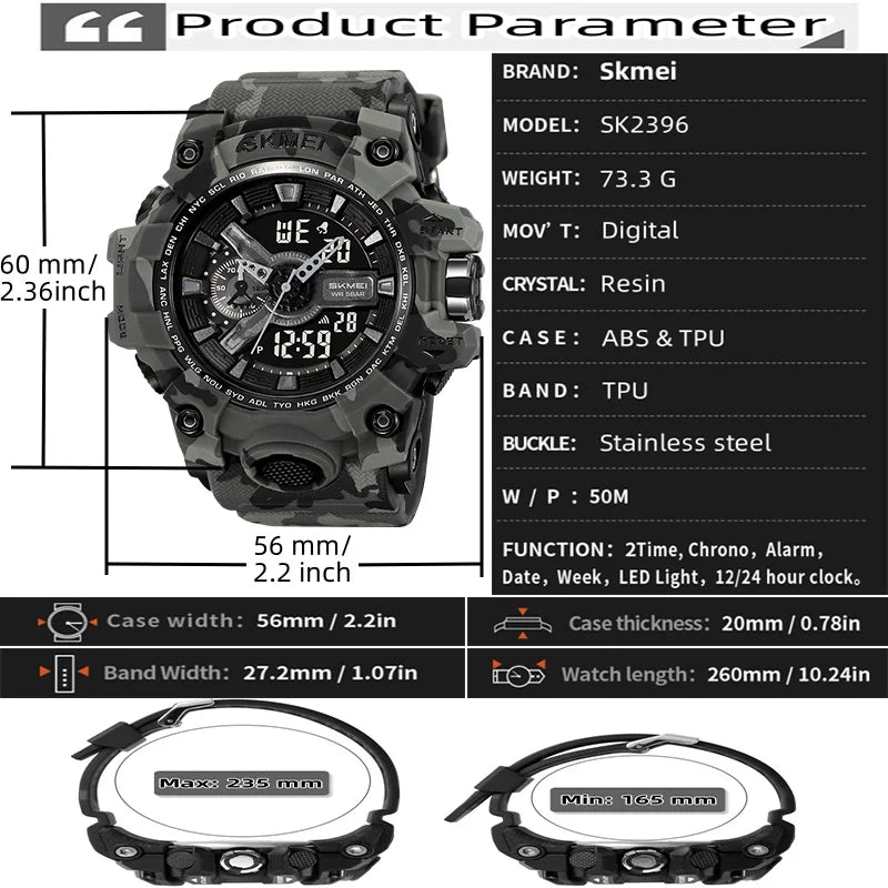 Relógio esportivo militar à prova de choque Skmei para homens, com design moderno, duplo fuso horário, mostrador grande, cronógrafo LED, à prova d'água e alarme.