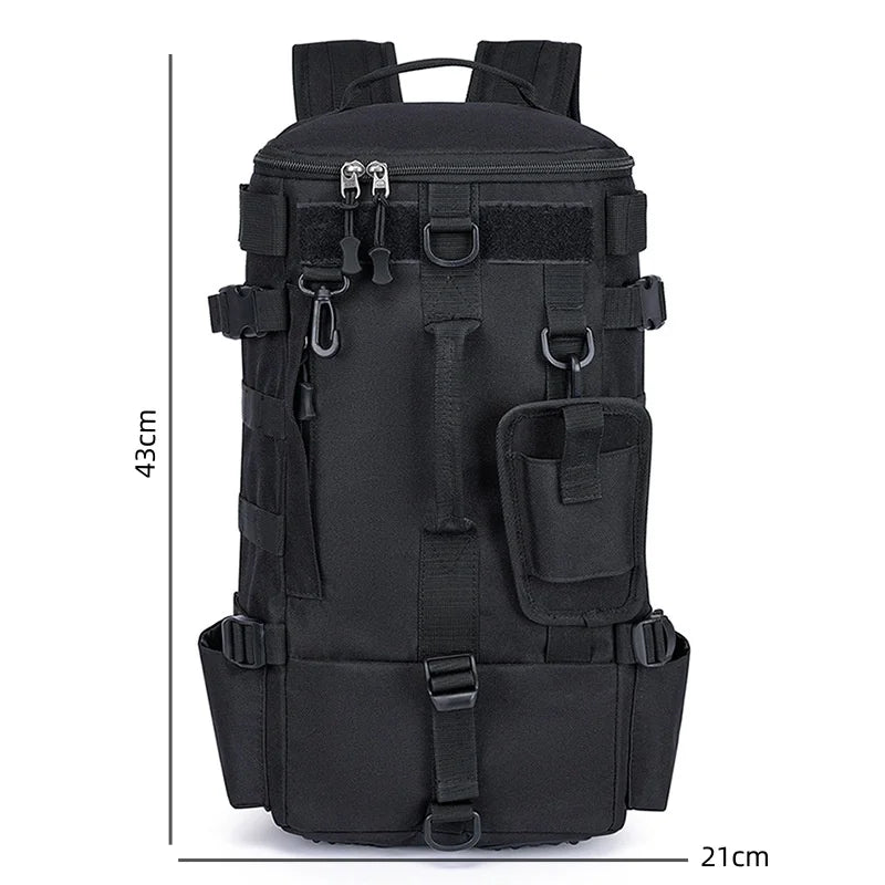 Mochila multifuncional para equipamentos de pesca, impermeável, com suportes para varas, design durável para camping, trilhas e viagens.