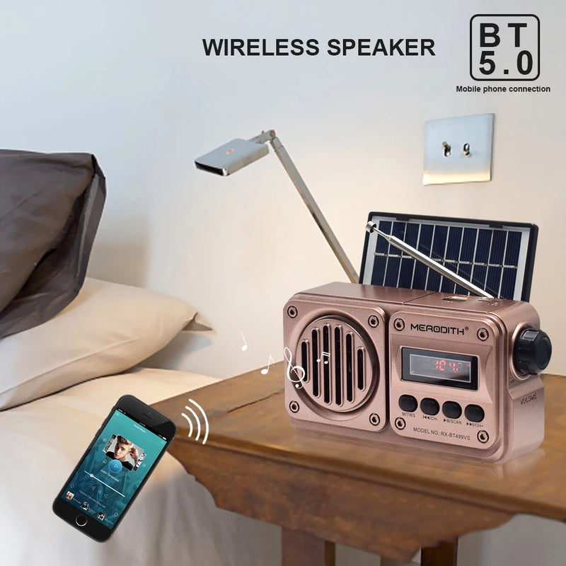 MD-499 Caixa de Som Bluetooth Sem Fio com Reprodução de MP3, Rádio FM, Carregamento Solar, Rádio de Emergência em Caso de Queda de Energia, Banda Completa e Alta Sensibilidade