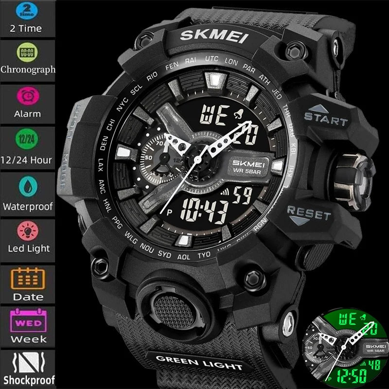 Relógio esportivo militar à prova de choque Skmei para homens, com design moderno, duplo fuso horário, mostrador grande, cronógrafo LED, à prova d'água e alarme.