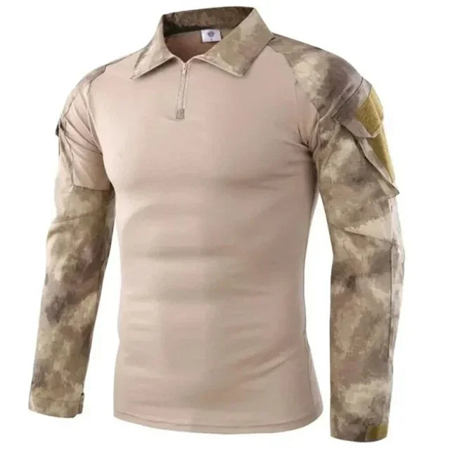 Camiseta tática masculina para atividades ao ar livre, caminhadas, combate militar, camuflagem CP, manga longa, caça, escalada, algodão, roupas esportivas.
