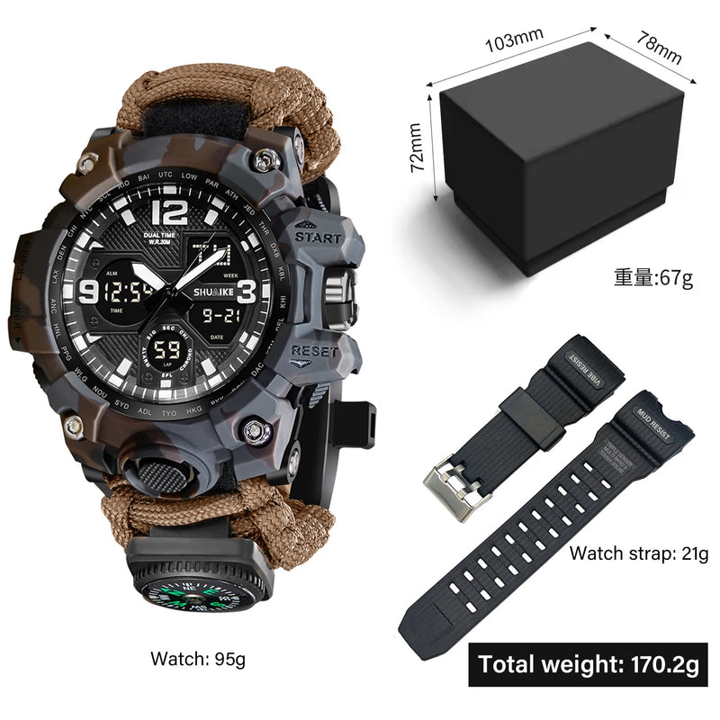 Relógio de pulso masculino multifuncional para atividades ao ar livre, com bússola, à prova d'água, movimento de quartzo LED e tecnologia digital.