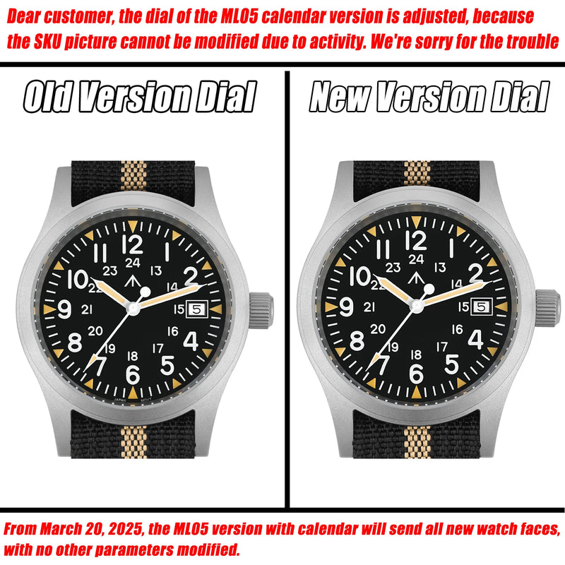 Relógio militar Militado ML05 com movimento de quartzo Ronda 515, cristal de safira abaulado com revestimento antirreflexo de alta transparência e luminescência, 38 mm, estilo vintage.