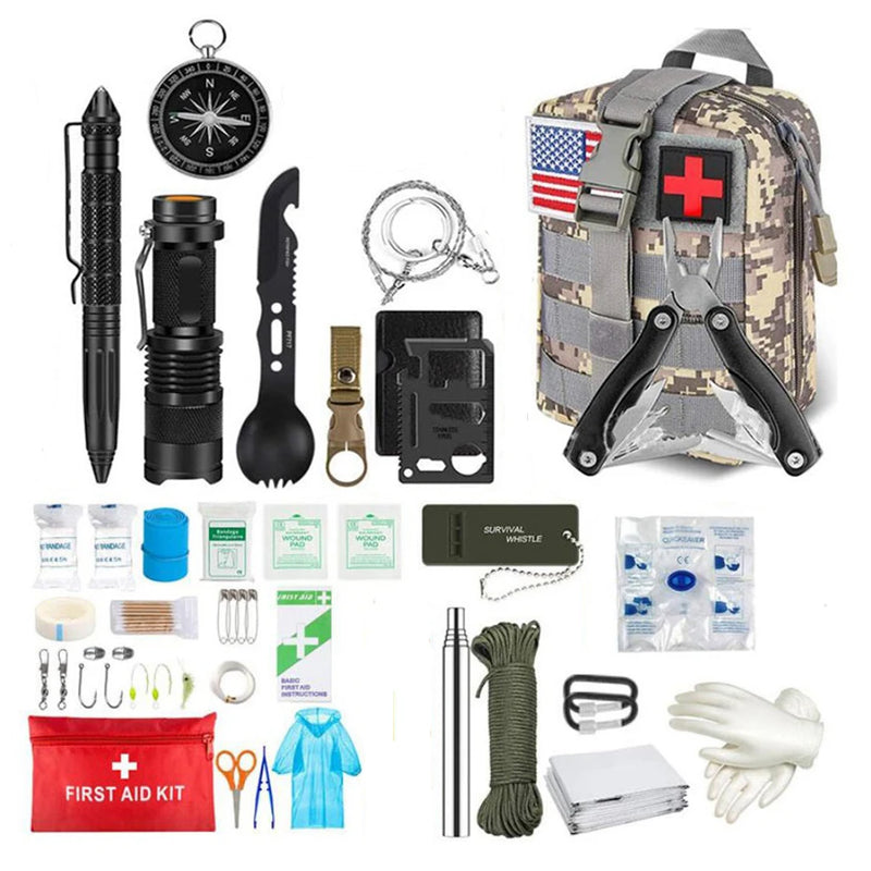Kit de primeiros socorros de sobrevivência, conjunto completo de sobrevivência com sistema Molle, equipamento para atividades ao ar livre, kit de emergência, bolsa para traumas, kit de primeiros socorros individual para camping, trilhas e aventuras.