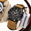 Relógio masculino militar original POEDAGAR, à prova d'água, luminoso, com pulseira de couro e mecanismo de quartzo, cronógrafo, data, luxo, para negócios.
