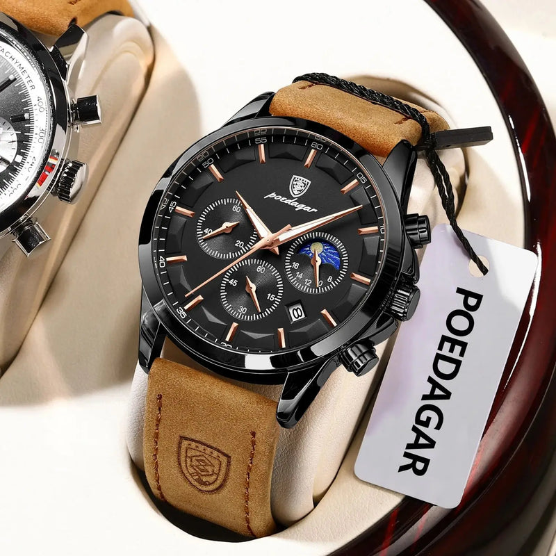 Relógio masculino militar original POEDAGAR, à prova d'água, luminoso, com pulseira de couro e mecanismo de quartzo, cronógrafo, data, luxo, para negócios.