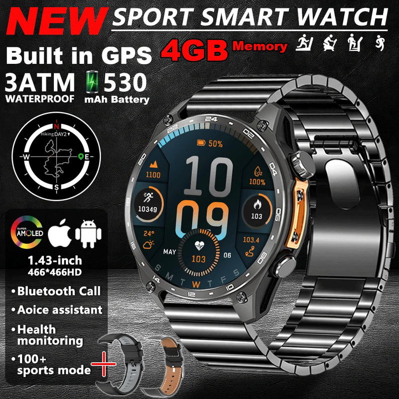 Novo Smartwatch GPS 2025 com mapas offline, memória de 4GB, reprodutor de vídeo, relógio inteligente esportivo militar masculino, resistente à água até 30m para natação, tela AMOLED.