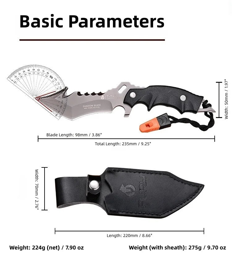 Faca de sobrevivência multifuncional para atividades ao ar livre com chave de fenda, ideal para mergulho, trilhas e camping. Fabricada em aço 5Cr15.
