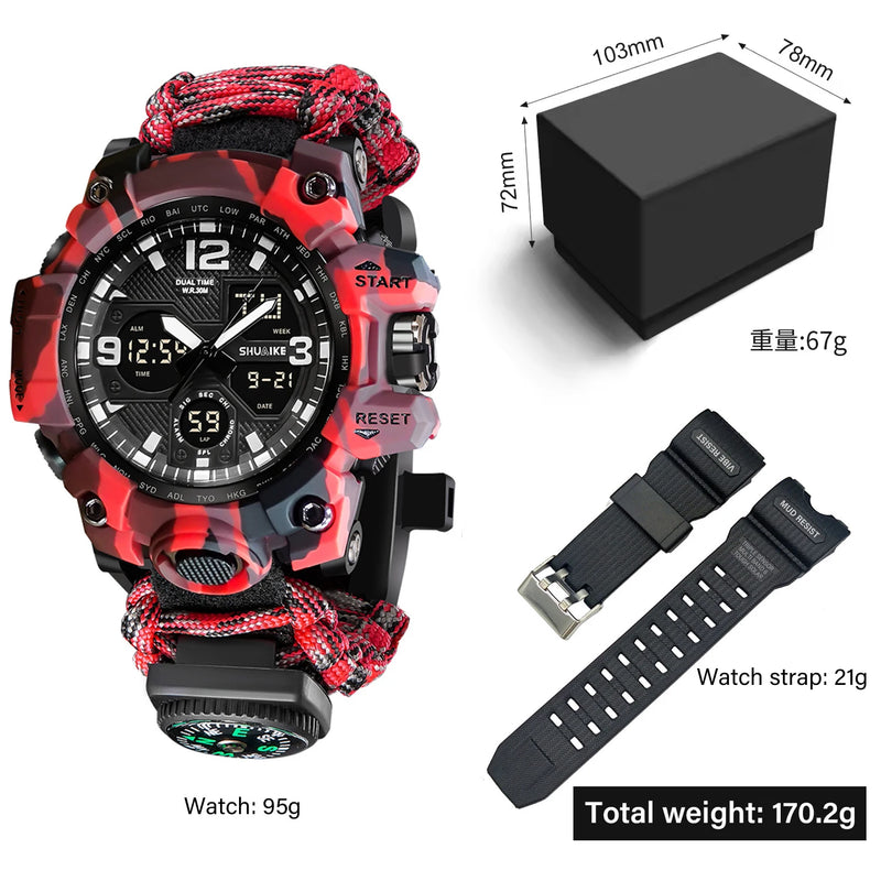 Relógio de pulso masculino multifuncional para atividades ao ar livre, com bússola, à prova d'água, movimento de quartzo LED e tecnologia digital.