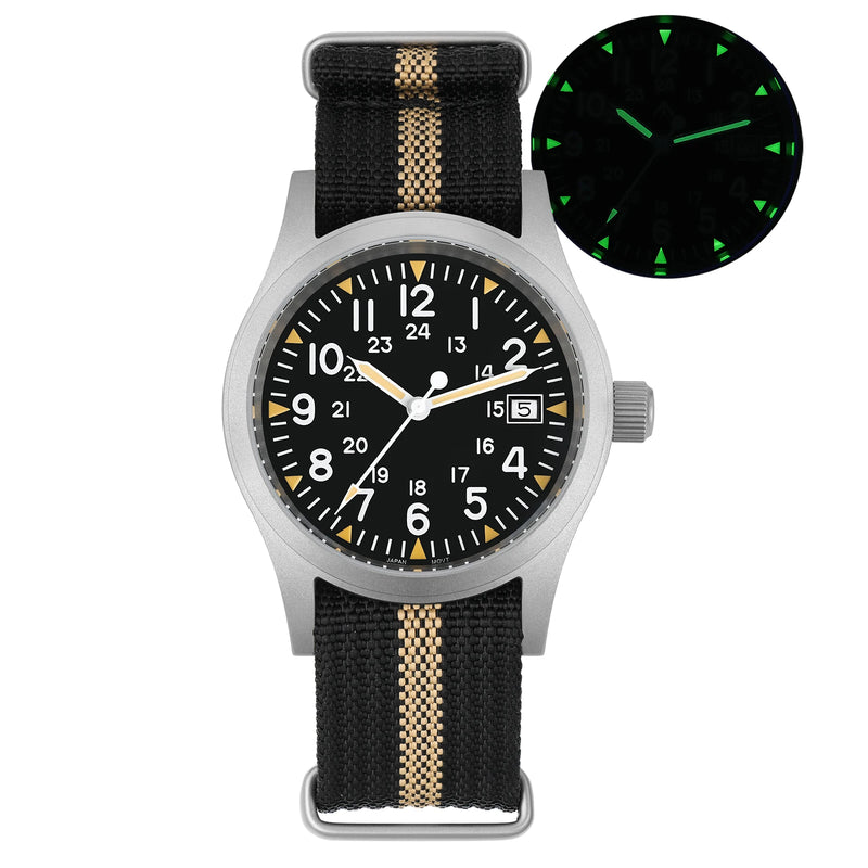 Relógio militar Militado ML05 com movimento de quartzo Ronda 515, cristal de safira abaulado com revestimento antirreflexo de alta transparência e luminescência, 38 mm, estilo vintage.