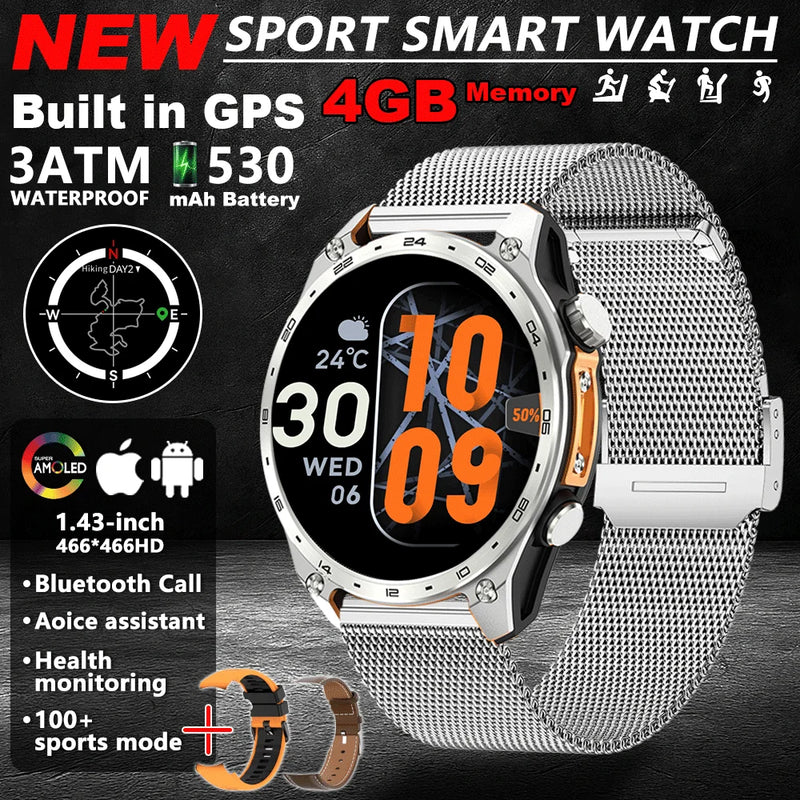 Novo Smartwatch GPS 2025 com mapas offline, memória de 4GB, reprodutor de vídeo, relógio inteligente esportivo militar masculino, resistente à água até 30m para natação, tela AMOLED.