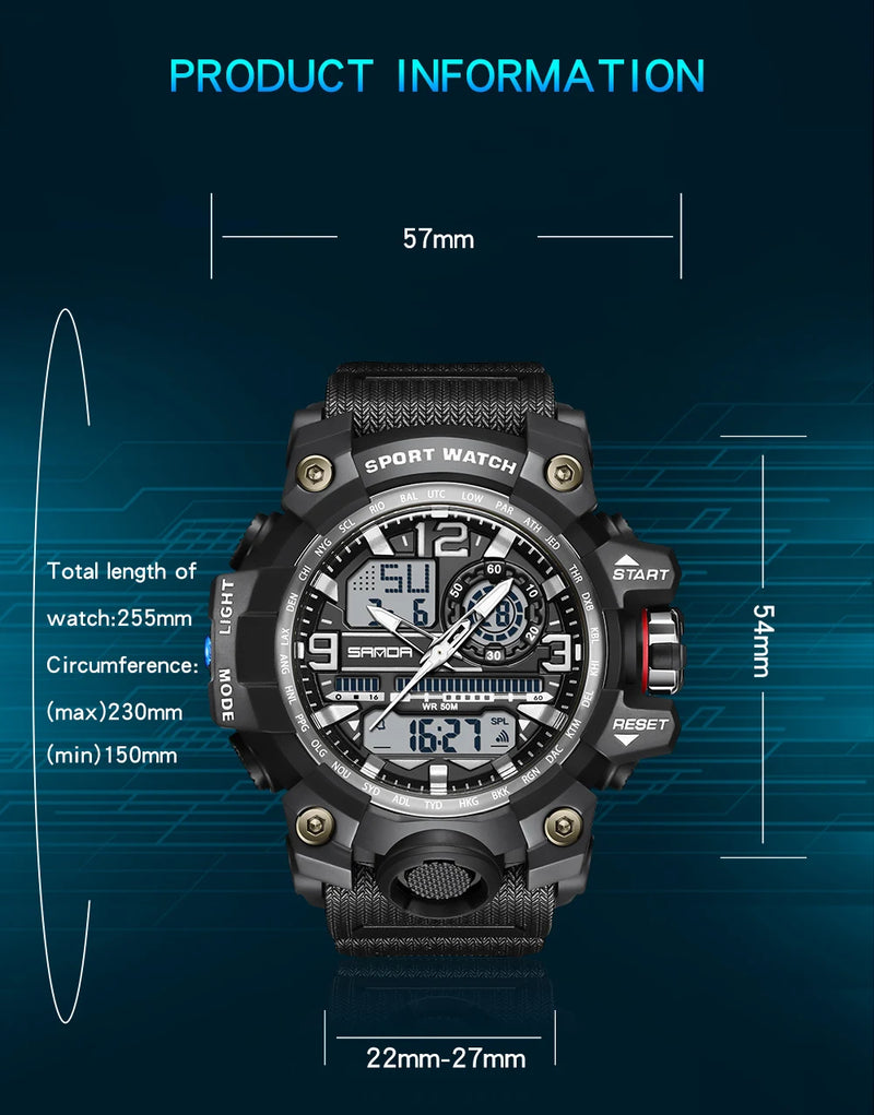 Relógio Digital Masculino SANDA 3133, Estilo Militar Esportivo, Cronômetro, Quartzo, Marca de Luxo, LED, Resistente à Água, Relógio Eletrônico Masculino