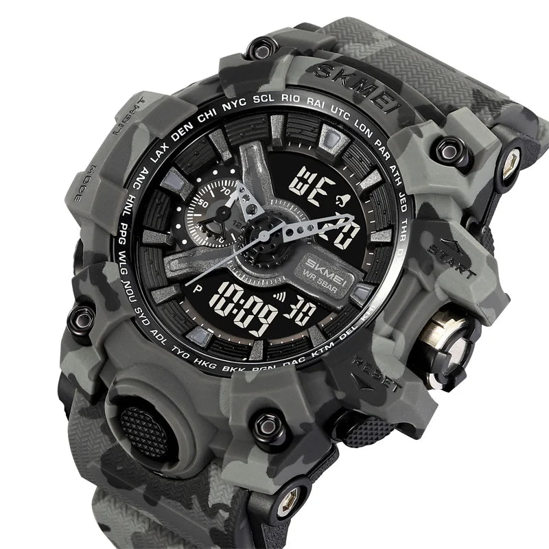 Relógio esportivo militar à prova de choque Skmei para homens, com design moderno, duplo fuso horário, mostrador grande, cronógrafo LED, à prova d'água e alarme.