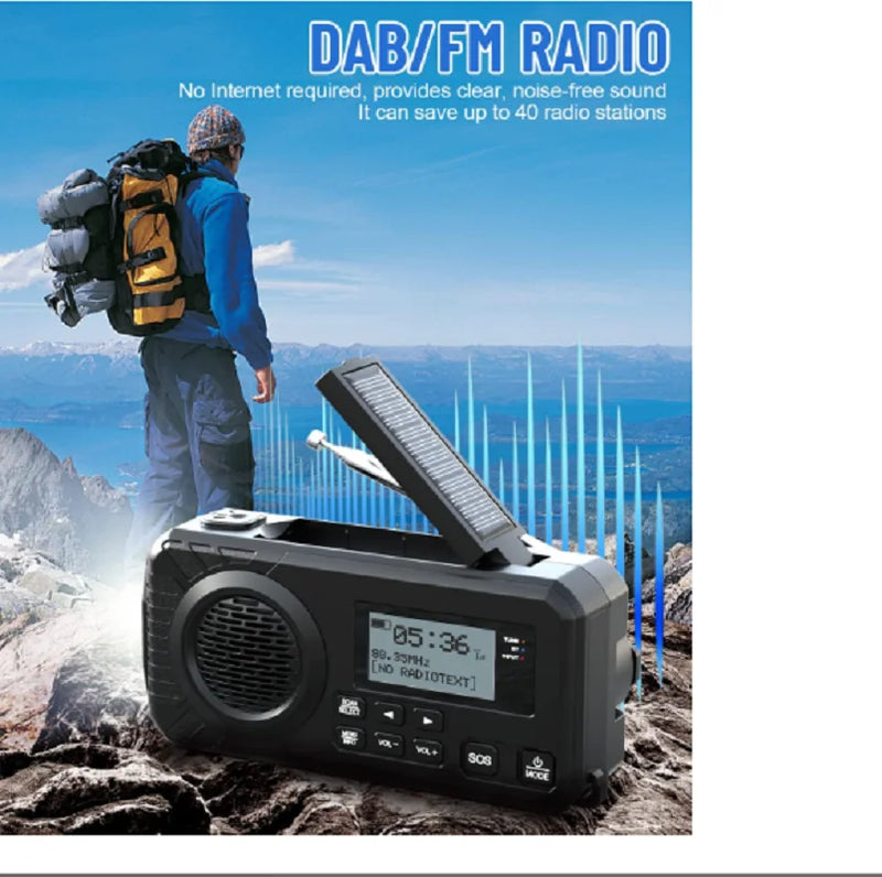 Rádio de emergência DAB376BT com manivela, DAB+FM, Bluetooth, bateria de 5000 mAh, energia solar e despertador. Ideal para situações de emergência como queda de energia.