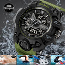 Relógio esportivo militar à prova de choque Skmei para homens, com design moderno, duplo fuso horário, mostrador grande, cronógrafo LED, à prova d'água e alarme.