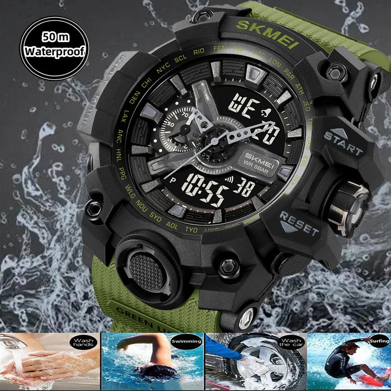 Relógio esportivo militar à prova de choque Skmei para homens, com design moderno, duplo fuso horário, mostrador grande, cronógrafo LED, à prova d'água e alarme.