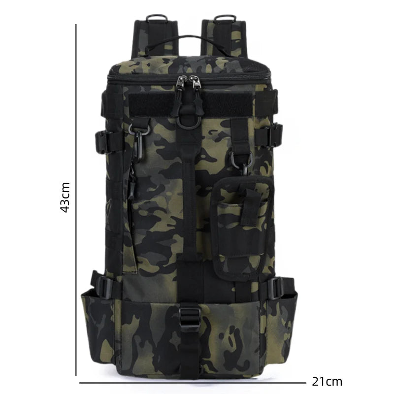Mochila multifuncional para equipamentos de pesca, impermeável, com suportes para varas, design durável para camping, trilhas e viagens.