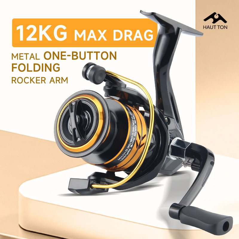 HAUT TON 1000-7000 Series Spinning Fishing Reel 12kg Max Drag 5.2:1 Gear Ratio One-click Folding Rocker Arm For FreshwateFishing