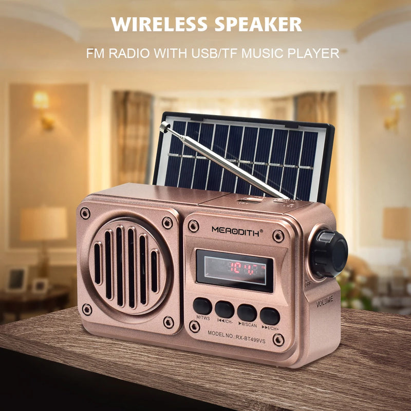 MD-499 Caixa de Som Bluetooth Sem Fio com Reprodução de MP3, Rádio FM, Carregamento Solar, Rádio de Emergência em Caso de Queda de Energia, Banda Completa e Alta Sensibilidade