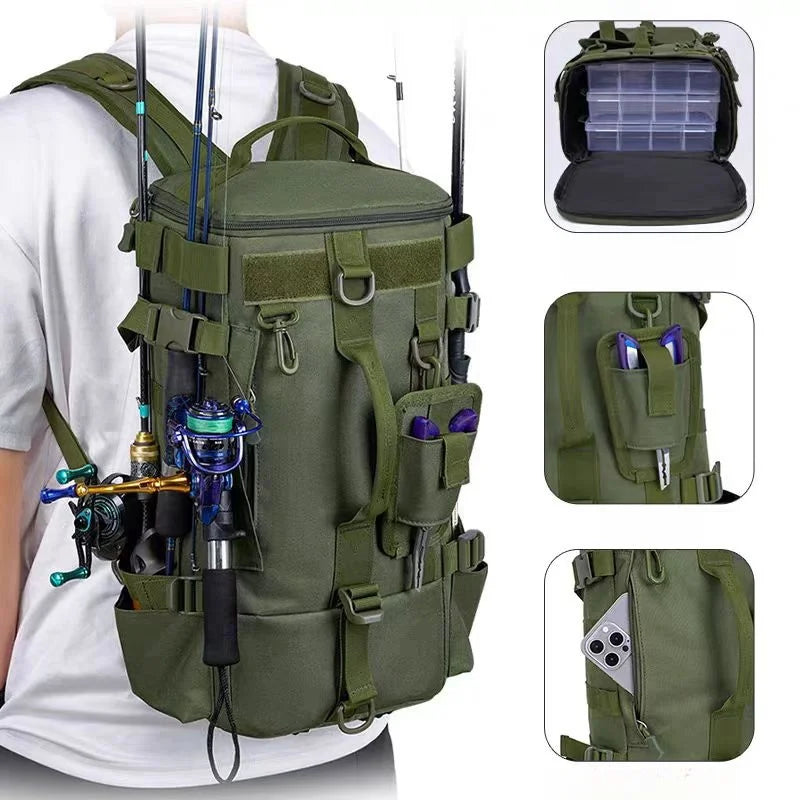Mochila multifuncional para equipamentos de pesca, impermeável, com suportes para varas, design durável para camping, trilhas e viagens.
