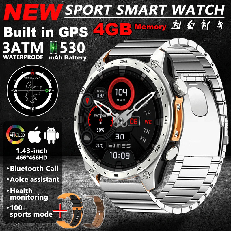 Novo Smartwatch GPS 2025 com mapas offline, memória de 4GB, reprodutor de vídeo, relógio inteligente esportivo militar masculino, resistente à água até 30m para natação, tela AMOLED.