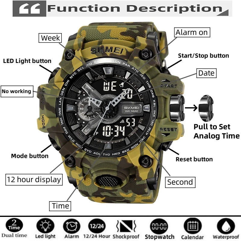 Relógio esportivo militar à prova de choque Skmei para homens, com design moderno, duplo fuso horário, mostrador grande, cronógrafo LED, à prova d'água e alarme.