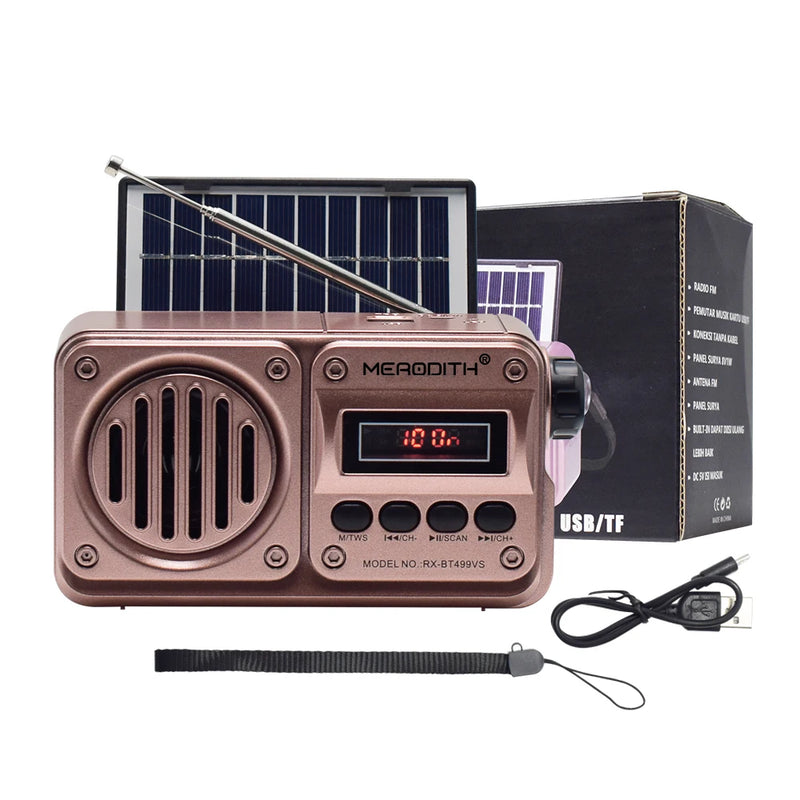 MD-499 Caixa de Som Bluetooth Sem Fio com Reprodução de MP3, Rádio FM, Carregamento Solar, Rádio de Emergência em Caso de Queda de Energia, Banda Completa e Alta Sensibilidade